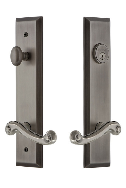 Grandeur Hardware - Hardware Fifth Avenue Tall Plate Complete Entry Set with Newport Lever in Antique Pewter - FAVNEW - 841648