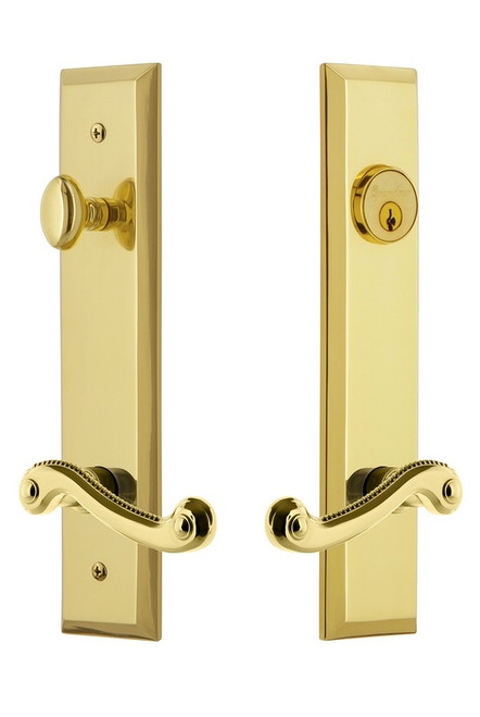 Grandeur Hardware - Hardware Fifth Avenue Tall Plate Complete Entry Set with Newport Lever in Lifetime Brass - FAVNEW - 841658