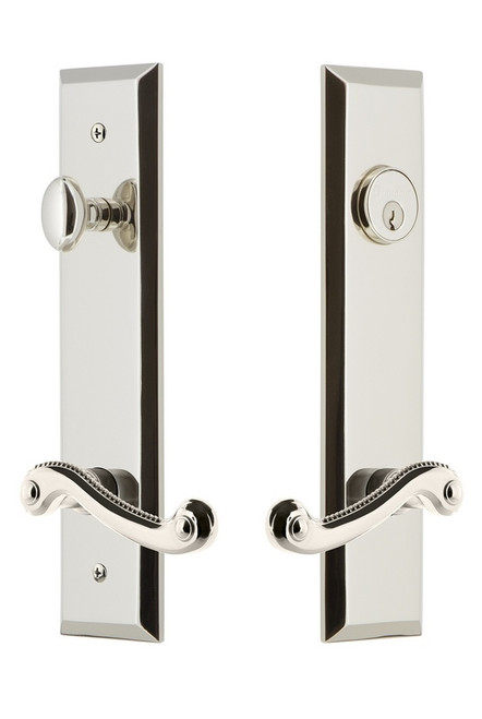 Grandeur Hardware - Hardware Fifth Avenue Tall Plate Complete Entry Set with Newport Lever in Polished Nickel - FAVNEW - 841674