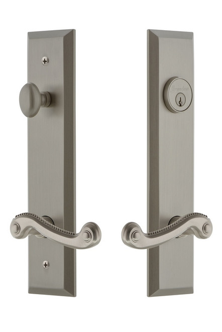 Grandeur Hardware - Hardware Fifth Avenue Tall Plate Complete Entry Set with Newport Lever in Satin Nickel - FAVNEW - 841686