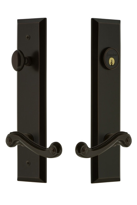 Grandeur Hardware - Hardware Fifth Avenue Tall Plate Complete Entry Set with Newport Lever in Timeless Bronze - FAVNEW - 841693