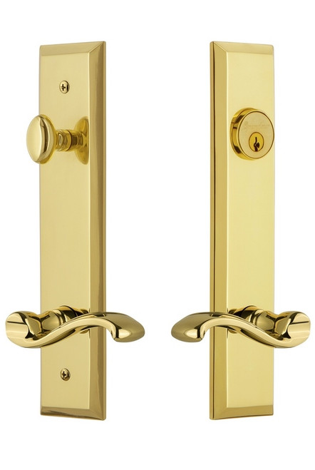 Grandeur Hardware - Hardware Fifth Avenue Tall Plate Complete Entry Set with Portofino Lever in Lifetime Brass - FAVPRT - 841715