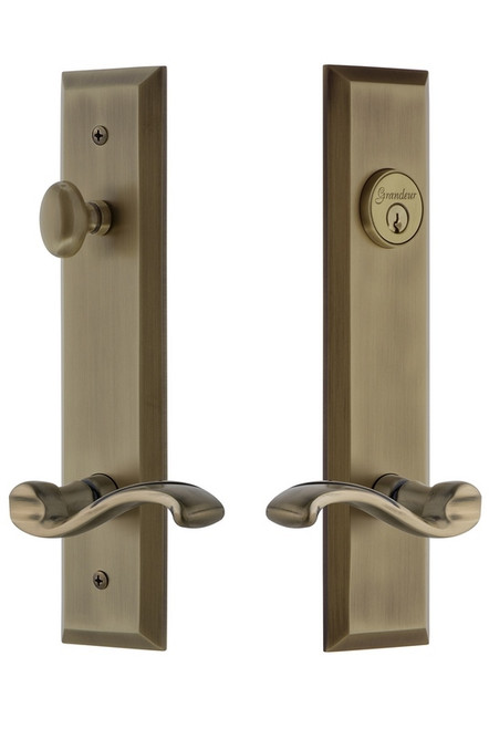 Grandeur Hardware - Hardware Fifth Avenue Tall Plate Complete Entry Set with Portofino Lever in Vintage Brass - FAVPRT - 841753