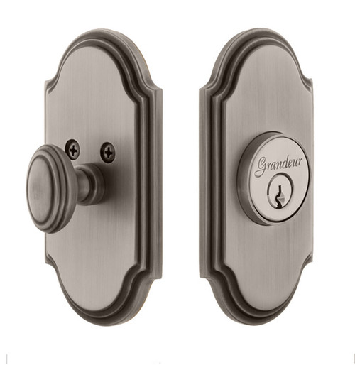 Grandeur Hardware - Single Cylinder Deadbolt with Arc Plate in Antique Pewter - ARCARC - 825932