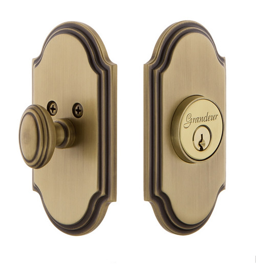 Grandeur Hardware - Single Cylinder Deadbolt with Arc Plate in Vintage Brass - ARCARC - 825942