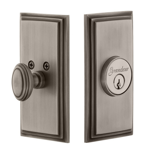 Grandeur Hardware - Single Cylinder Deadbolt with Carre Plate in Antique Pewter - CARCAR - 825955