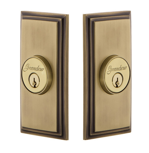 Grandeur Hardware - Double Cylinder Deadbolt with Carre Plate in Vintage Brass - CARCAR - 826062