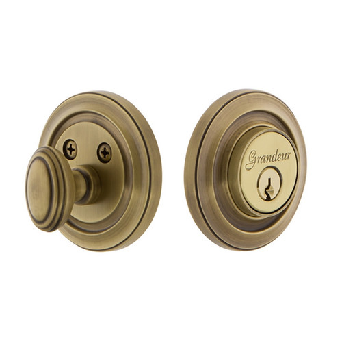 Grandeur Hardware - Single Cylinder Deadbolt with Circulaire Plate in Vintage Brass - CIRCIR - 825889