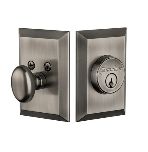 Grandeur Hardware - Single Cylinder Deadbolt with Fifth Avenue Plate in Antique Pewter - FAVFAV - 815543