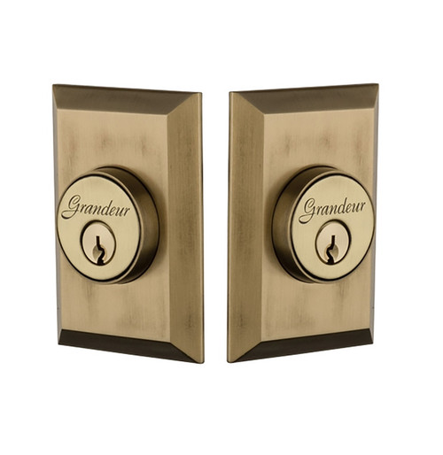 Grandeur Hardware - Double Cylinder Deadbolt with Fifth Avenue Plate in Vintage Brass - FAVFAV - 824308
