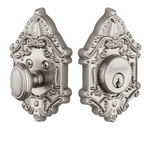 Grandeur Hardware - Single Cylinder Deadbolt with Grande Victorian Plate in Satin Nickel - GVCGVC - 815564