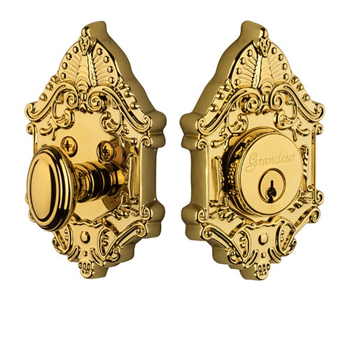 Grandeur Hardware - Single Cylinder Deadbolt with Grande Victorian Plate in Lifetime Brass - GVCGVC - 815568