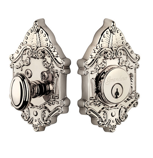 Grandeur Hardware - Single Cylinder Deadbolt with Grande Victorian Plate in Polished Nickel - GVCGVC - 815569