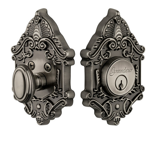 Grandeur Hardware - Single Cylinder Deadbolt with Grande Victorian Plate in Antique Pewter - GVCGVC - 822992