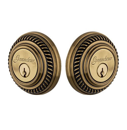 Grandeur Hardware - Double Cylinder Deadbolt with Newport Plate in Vintage Brass - NEWNEW - 824363