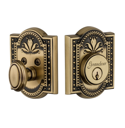 Grandeur Hardware - Single Cylinder Deadbolt with Parthenon Plate in Vintage Brass - PARPAR - 822993