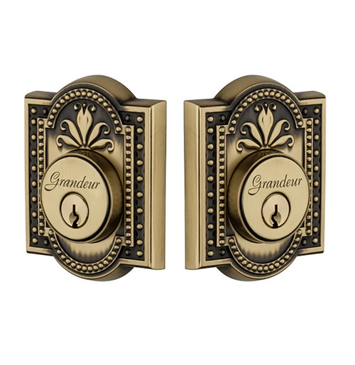 Grandeur Hardware - Double Cylinder Deadbolt with Parthenon Plate in Vintage Brass - PARPAR - 824323