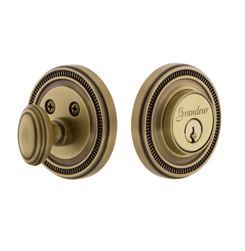 Grandeur Hardware - Single Cylinder Deadbolt with Soleil Plate in Vintage Brass - SOLSOL - 825918