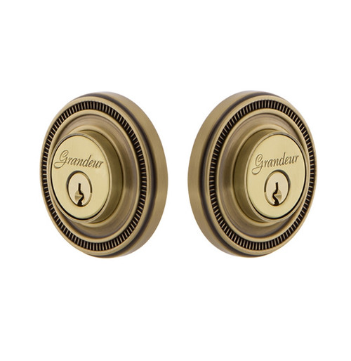 Grandeur Hardware - Double Cylinder Deadbolt with Soleil Plate in Vintage Brass - SOLSOL - 826014