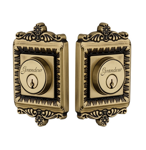 Grandeur Hardware - Double Cylinder Deadbolt with Windsor Plate in Vintage Brass - WINWIN - 817820