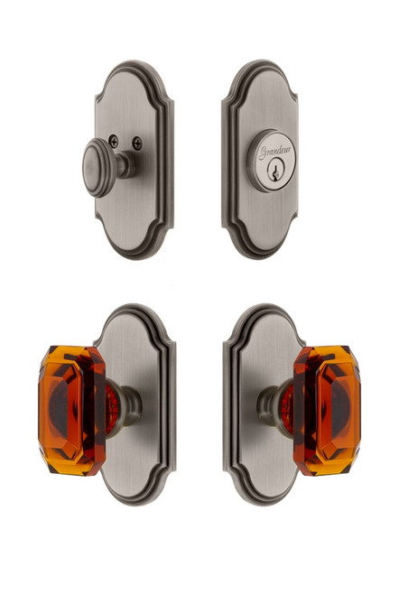 Grandeur Hardware - Arc Plate with Amber Baguette Crystal Knob and matching Deadbolt in Antique Pewter - ARCBCA - 828738