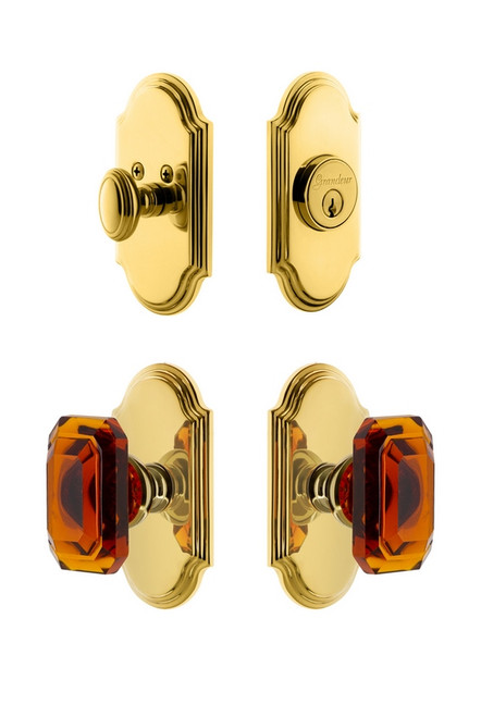 Grandeur Hardware - Arc Plate with Amber Baguette Crystal Knob and matching Deadbolt in Lifetime Brass - ARCBCA - 828761