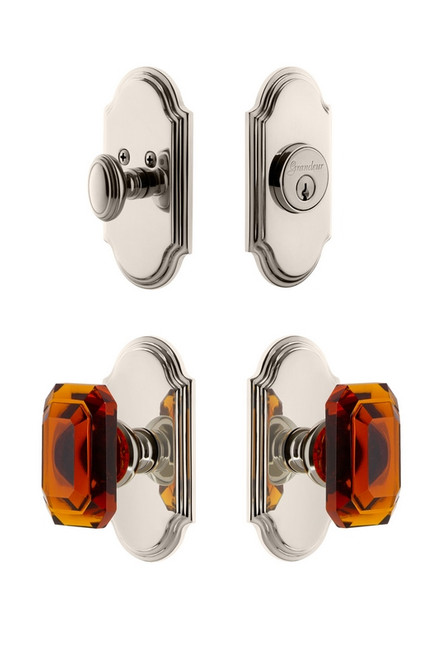 Grandeur Hardware - Arc Plate with Amber Baguette Crystal Knob and matching Deadbolt in Polished Nickel - ARCBCA - 828806