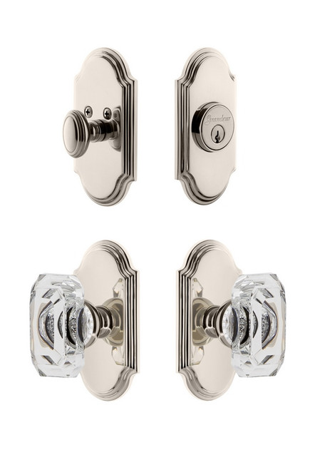 Grandeur Hardware - Arc Plate with Baguette Crystal Knob and matching Deadbolt in Polished Nickel - ARCBCC - 829017