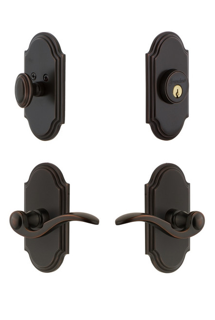 Grandeur Hardware - Arc Plate with Bellagio Lever and matching Deadbolt in Timeless Bronze - ARCBEL - 827397