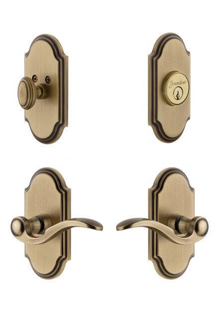 Grandeur Hardware - Arc Plate with Bellagio Lever and matching Deadbolt in Vintage Brass - ARCBEL - 827353