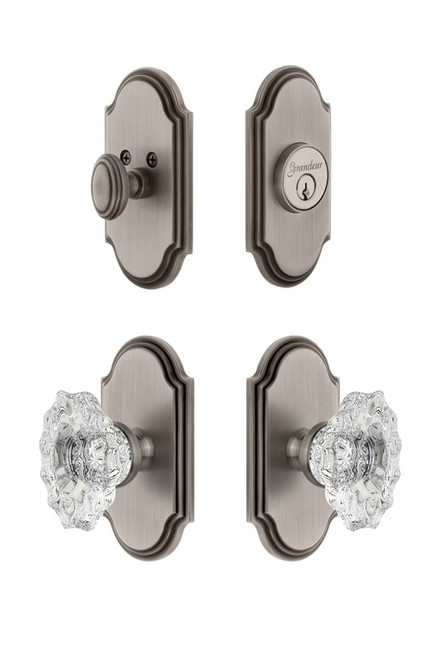 Grandeur Hardware - Arc Plate with Biarritz Crystal Knob and matching Deadbolt in Antique Pewter - ARCBIA - 826129