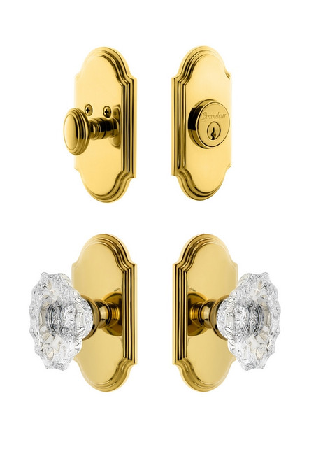 Grandeur Hardware - Arc Plate with Biarritz Crystal Knob and matching Deadbolt in Lifetime Brass - ARCBIA - 826137