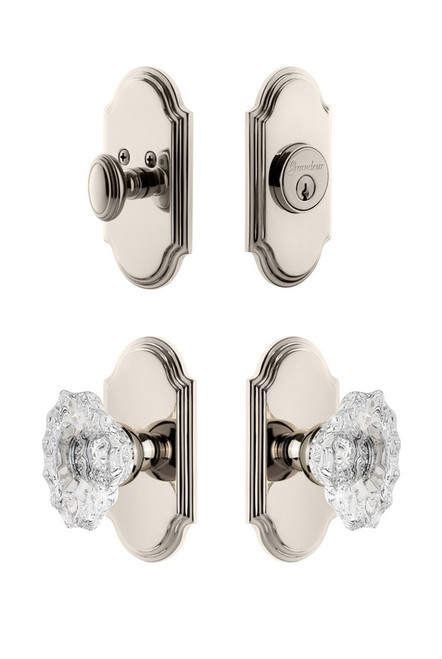 Grandeur Hardware - Arc Plate with Biarritz Crystal Knob and matching Deadbolt in Polished Nickel - ARCBIA - 826109