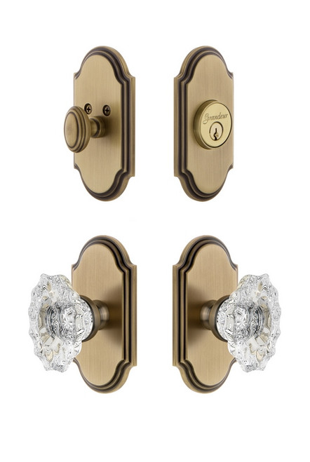 Grandeur Hardware - Arc Plate with Biarritz Crystal Knob and matching Deadbolt in Vintage Brass - ARCBIA - 826105