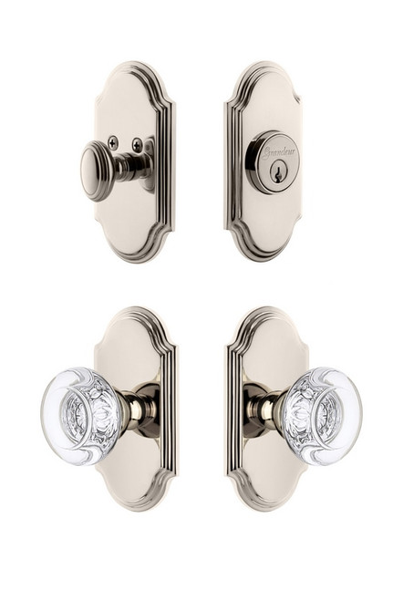 Grandeur Hardware - Arc Plate with Bordeaux Crystal Knob and matching Deadbolt in Polished Nickel - ARCBOR - 826189