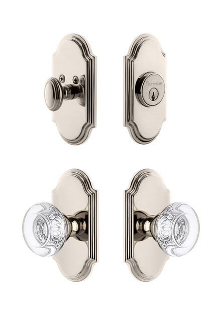 Grandeur Hardware - Arc Plate with Bordeaux Crystal Knob and matching Deadbolt in Polished Nickel - ARCBOR - 826205