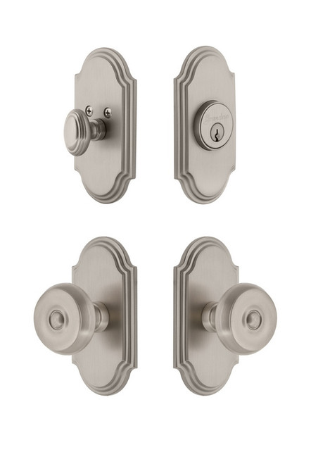 Grandeur Hardware - Arc Plate with Bouton Knob and matching Deadbolt in Satin Nickel - ARCBOU - 833806