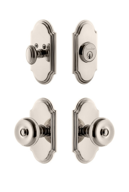 Grandeur Hardware - Arc Plate with Bouton Knob and matching Deadbolt in Polished Nickel - ARCBOU - 833824