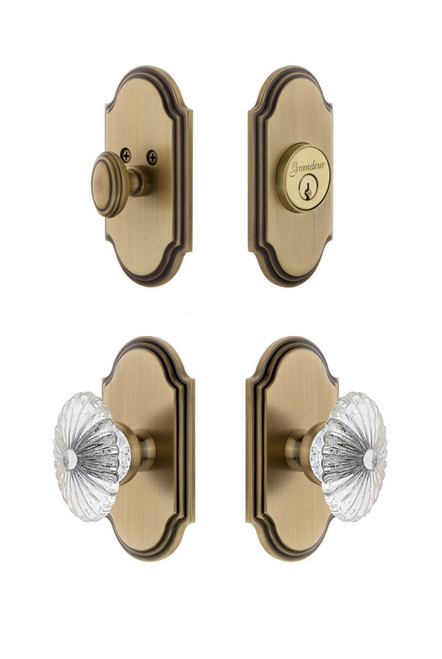 Grandeur Hardware - Arc Plate with Burgundy Crystal Knob and matching Deadbolt in Vintage Brass - ARCBUR - 826297