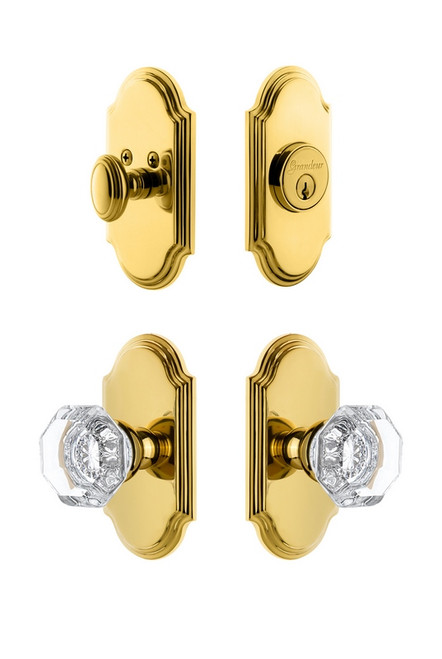 Grandeur Hardware - Arc Plate with Chambord Crystal Knob and matching Deadbolt in Lifetime Brass - ARCCHM - 826373