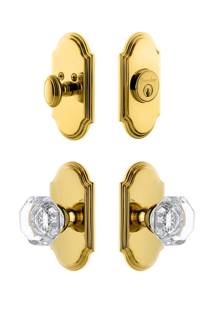 Grandeur Hardware - Arc Plate with Chambord Crystal Knob and matching Deadbolt in Lifetime Brass - ARCCHM - 826421