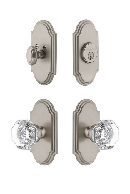 Grandeur Hardware - Arc Plate with Chambord Crystal Knob and matching Deadbolt in Satin Nickel - ARCCHM - 826449