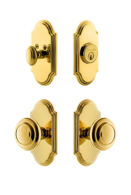 Grandeur Hardware - Arc Plate with Circulaire Knob and matching Deadbolt in Lifetime Brass - ARCCIR - 833712