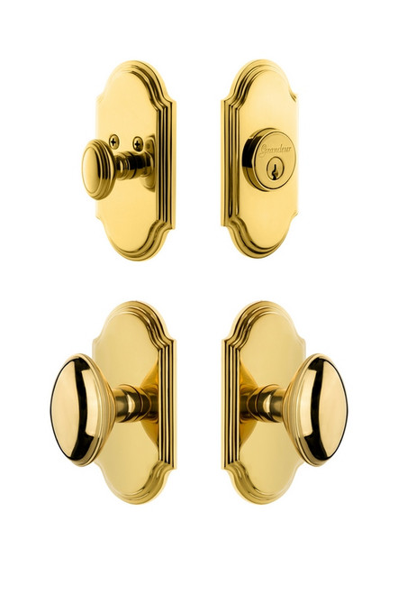 Grandeur Hardware - Arc Plate with Eden Prairie Knob and matching Deadbolt in Lifetime Brass - ARCEDN - 826517