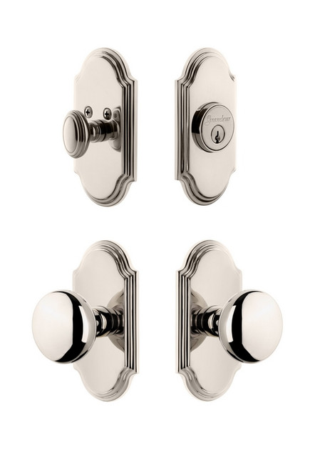 Grandeur Hardware - Arc Plate with Fifth Avenue Knob and matching Deadbolt in Polished Nickel - ARCFAV - 826573