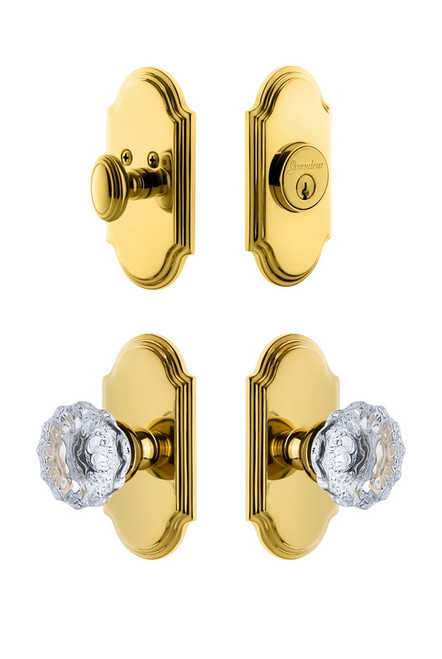 Grandeur Hardware - Arc Plate with Fontainebleau Crystal Knob and matching Deadbolt in Lifetime Brass - ARCFON - 826709