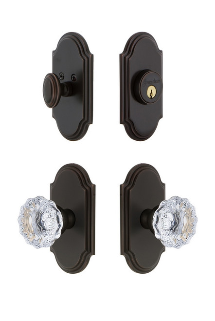 Grandeur Hardware - Arc Plate with Fontainebleau Crystal Knob and matching Deadbolt in Timeless Bronze - ARCFON - 826693