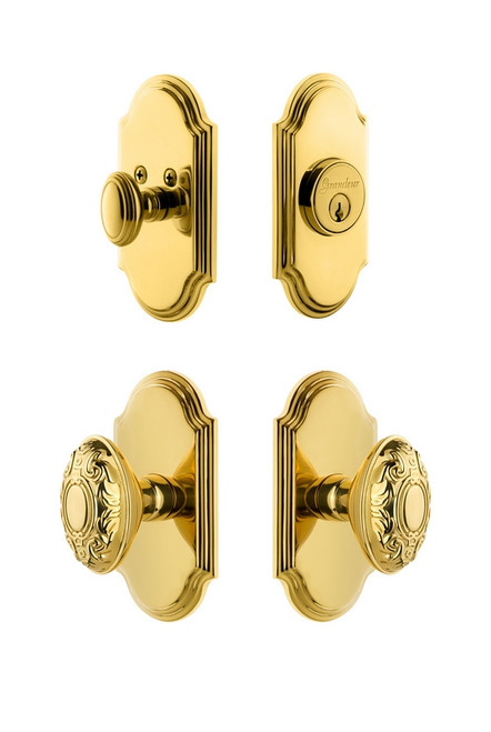 Grandeur Hardware - Arc Plate with Grande Victorian Knob and matching Deadbolt in Lifetime Brass - ARCGVC - 826761