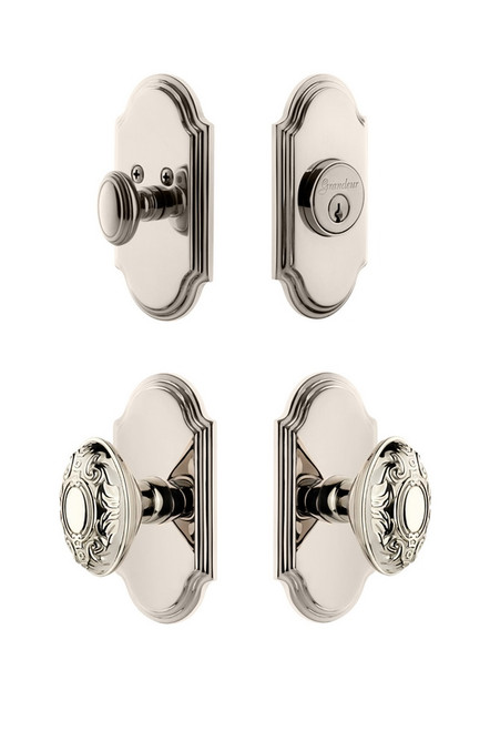 Grandeur Hardware - Arc Plate with Grande Victorian Knob and matching Deadbolt in Polished Nickel - ARCGVC - 826765