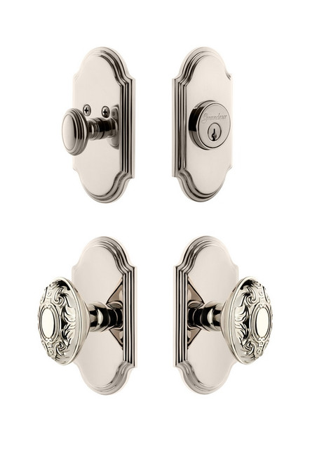 Grandeur Hardware - Arc Plate with Grande Victorian Knob and matching Deadbolt in Polished Nickel - ARCGVC - 826781